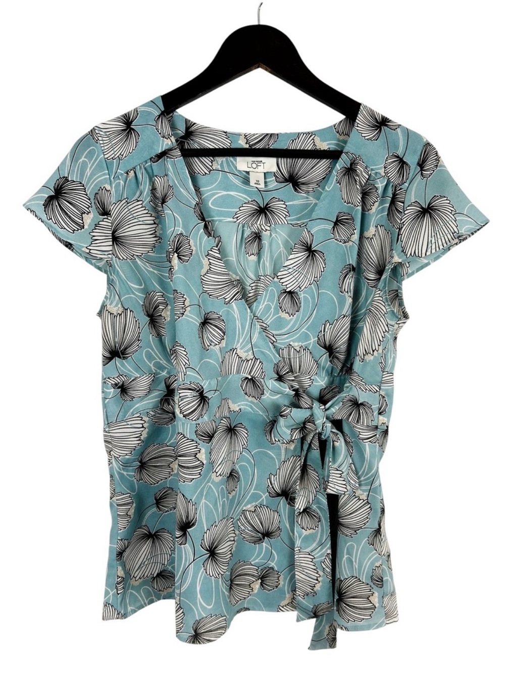 LOFT Teal Floral Wrap Blouse with Side Tie Size 10